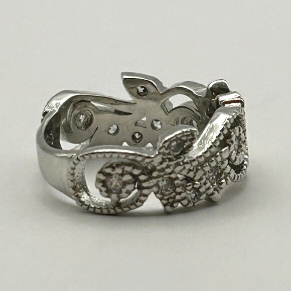 Sterling Silver 925 Wide Band Filigree Ring Clear CZ Accents Size 7 - Picture 2 of 10